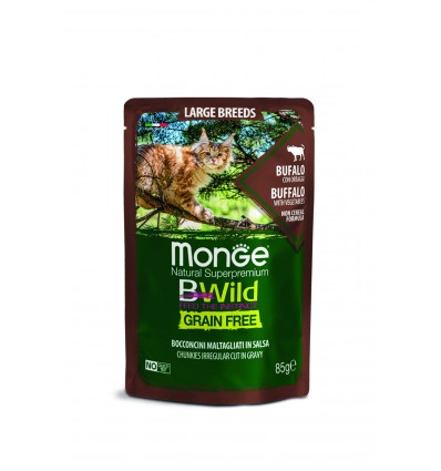 MONGE BWILD CAT POUCHES GRAIN FREE ALL AGE LARGE BREED BUFFALO WITH VEGETABLES 85G KATĖMS