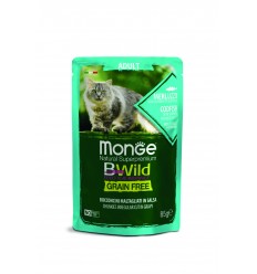 MONGE BWILD CAT POUCHES GRAIN FREE ADULT CODFISH, SHRIMPS VEGETABLES 85G KATĖMS